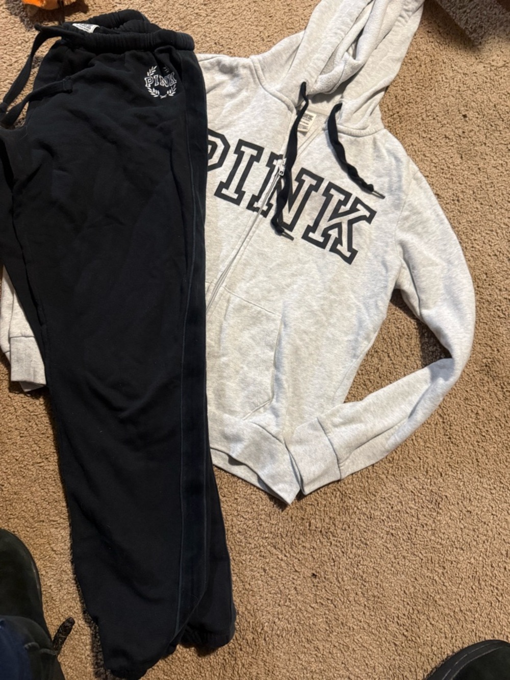 PINK Gray Zip Hoodie with Black Sweatpants Lounge Set